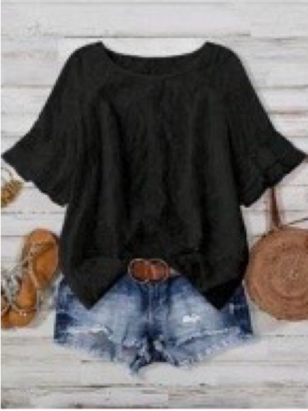 Women's Black Embroidered Ruffle Sleeve Top